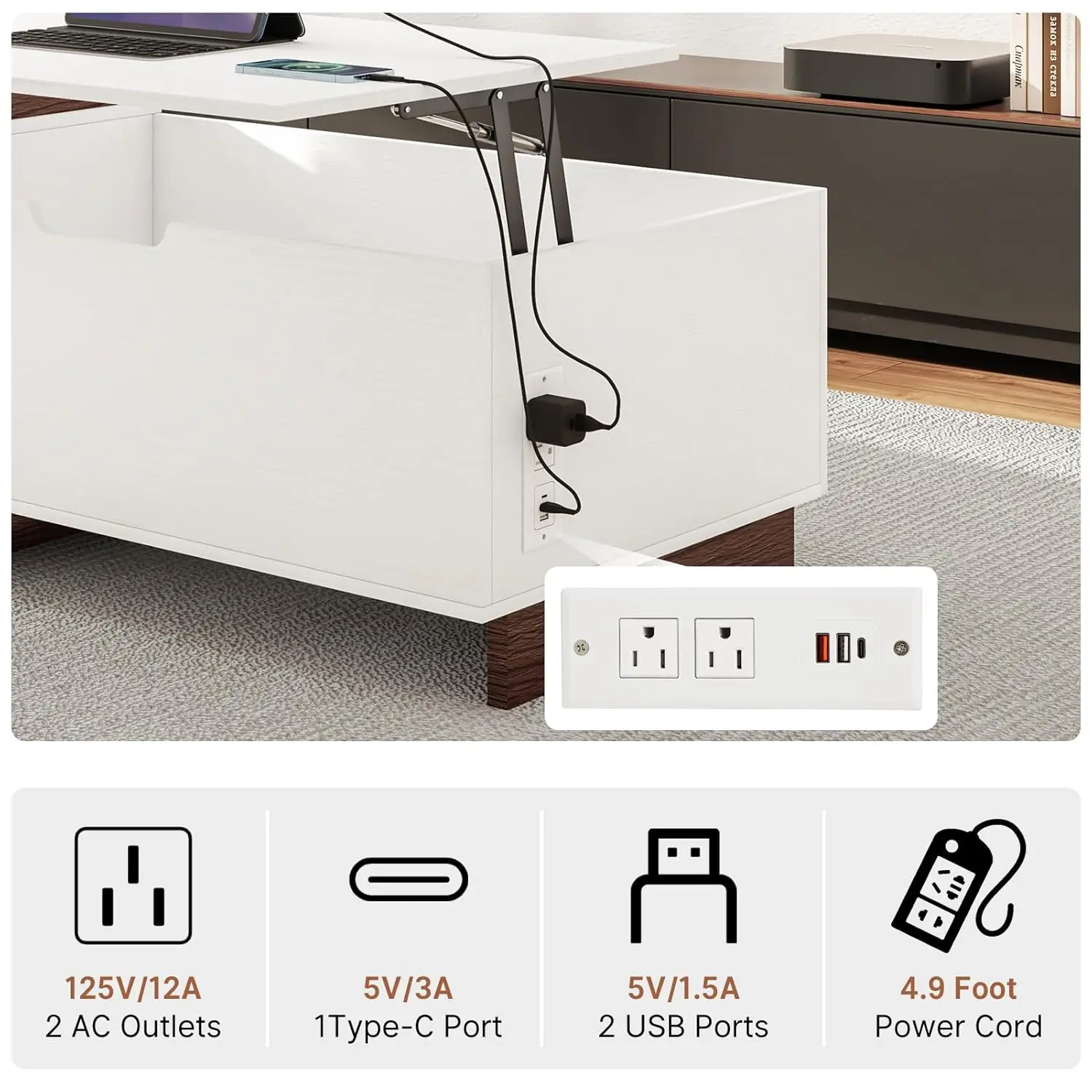 طاولة قهوة قابلة للتمديد مع قاعدة شحن، طاولة قهوة قابلة للرفع مقاس 47.2 بوصة - 59 بوصة مع مساحة تخزين مخفية، طاولة مركزية لتوفير المساحة مع