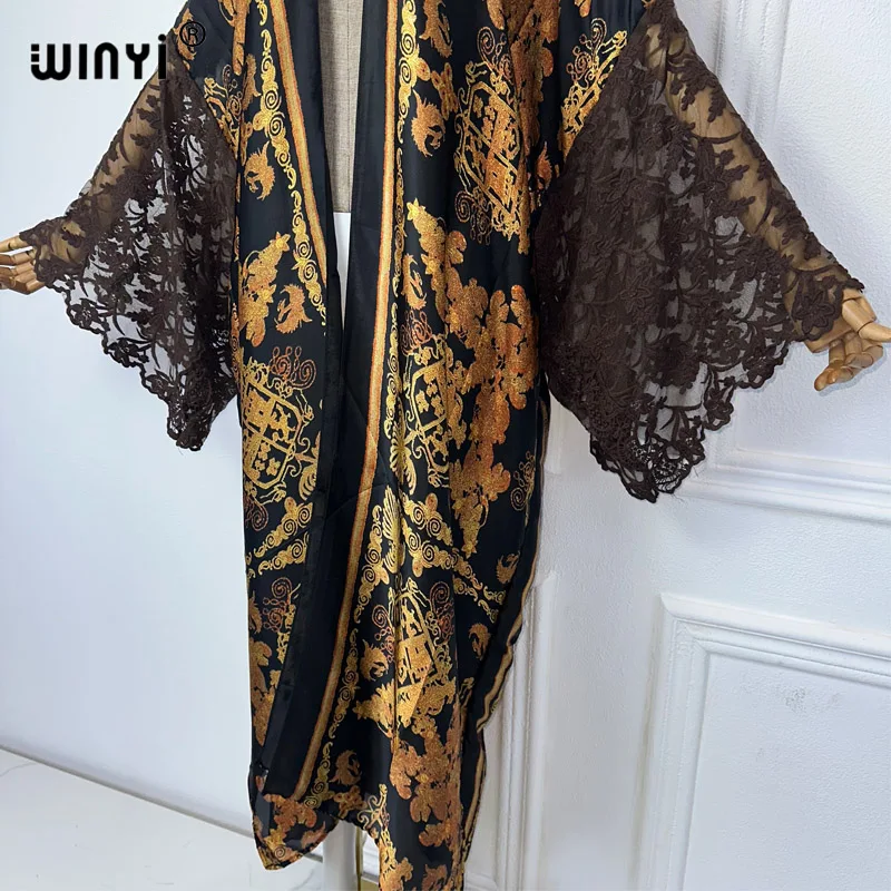 WINYI Kimono afrykańskie sukienki dla kobiet nadruk w stylu boho sweter z dzianiny rękawy bluzka damska abaja strój plażowy Cover up kaftan