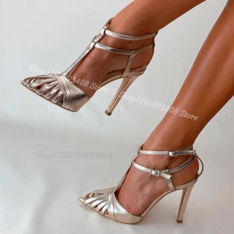 Silver Hollow Ankle Buckle Sandals Stiletto Heels British Style Stylish Summer Design for Women Casual Shoes Zapatos Para Mujere