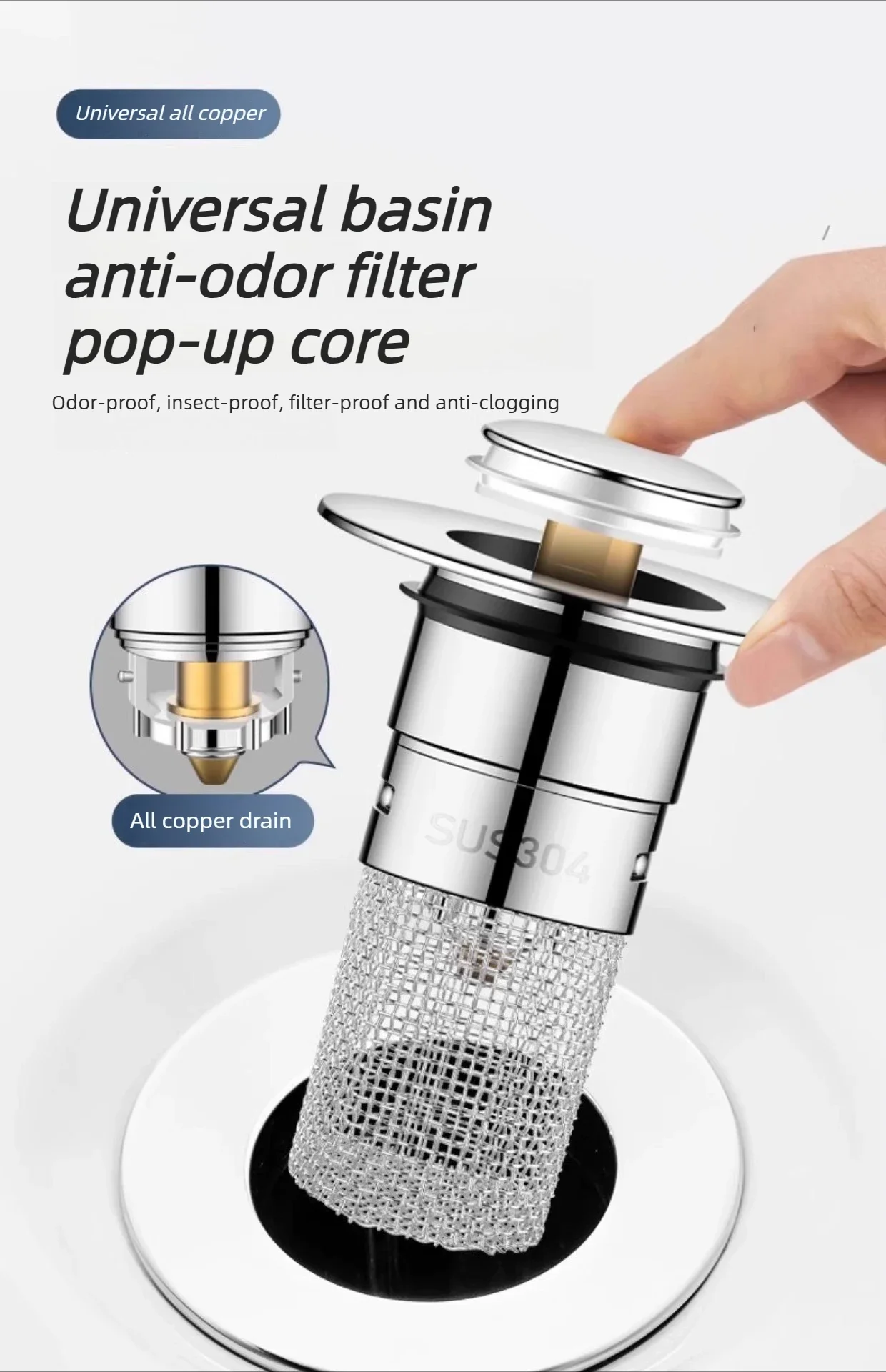 Edelstahl-Filter-Waschbecken-Abflussstopfen, auslaufsicher, für Badezimmer, Küche, Waschbecken, Bodenablauf, ausgestattet mit Kupferkern-Rücklaufventil. – Detail 4