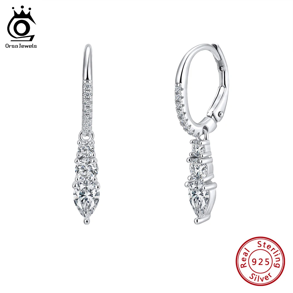 

ORSA JEWELS Round 8A Cubic Zircon Earrings Women Exquisite 925 Sterling Silver CZ Hoop Drop Earrings Engagement Jewelry LZE60