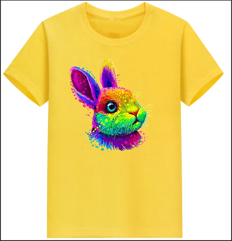 Cotton  100% New Instagram Trend Easter Rabbit T-Shirt Colorful Rabbit Print Men and Women's T-shirt Harajuku Cl All Round Tops