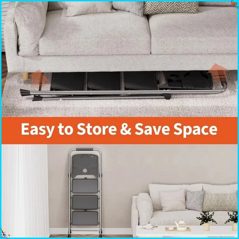 سلم فولاذي قابل للطي بثلاث خطوات، سعة 600 رطل، مع خطوات وأقدام غير قابلة للانزلاق، رمادي، عرض 17.7 بوصة × ارتفاع 55.1 بوصة، غير قابل للانزلاق #6