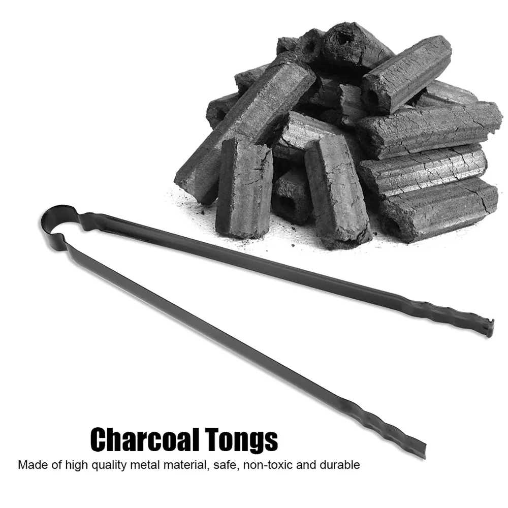 Long Two-Arm BBQ Clip Tongs Flat Narrow Bent Loop End Metal BBQ Clamp Lightweight Textured Gripping Tips Charcoal Serving Tongs