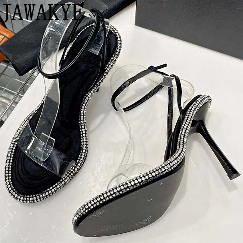 Summer Crystal Sandals Wedding Pumps Women High Heels Open Toe Rhinestone Ankle Buckle Party Dress Sexy Slipper for Women Mules