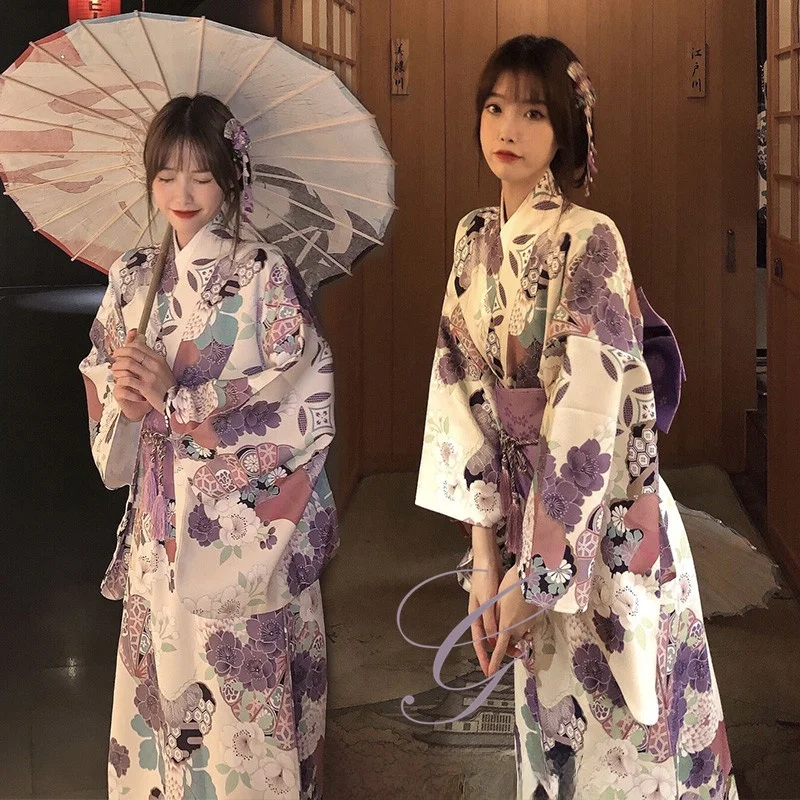 

Improved Version Traditional Japanese Kimono Costume Purple Flower Pattern Photoaphy Clothing for Young Women 8-25 Years Old