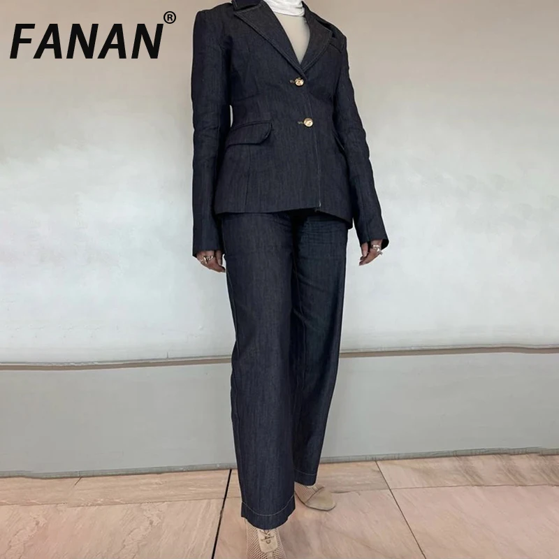 FANAN-Conjunto de 3 piezas de mezclilla para mujer, chaleco ajustado + solapa, Blazers de un solo pecho + Pantalones rectos de cintura alta, trajes de moda, novedad de 2025