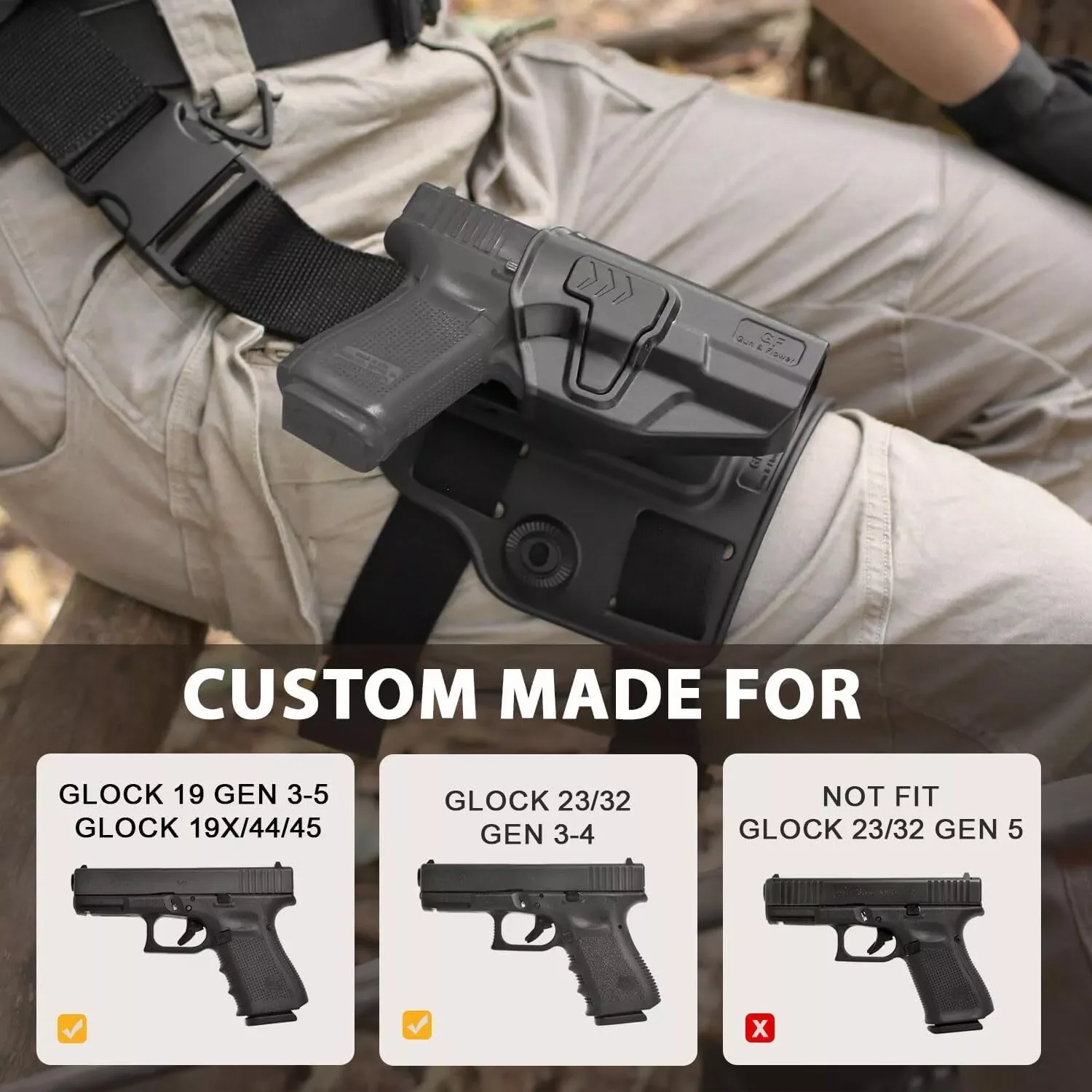 Level II Tactical Drop Leg Holster,Fit Glock 19 Gen 3-5 G23/32 Gen3-4,G19X/44/45,Right hand