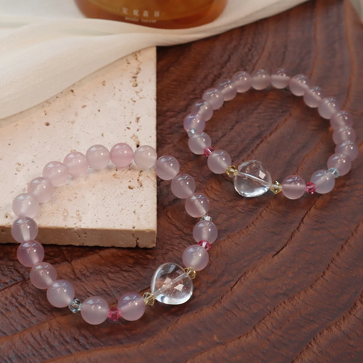 

8MM Natural Pink Purple Agate Chalcedony Crystal Beaded Strand Bracelet Women White Crystal Heart/Pumpkin Charm Bangle Jewelry