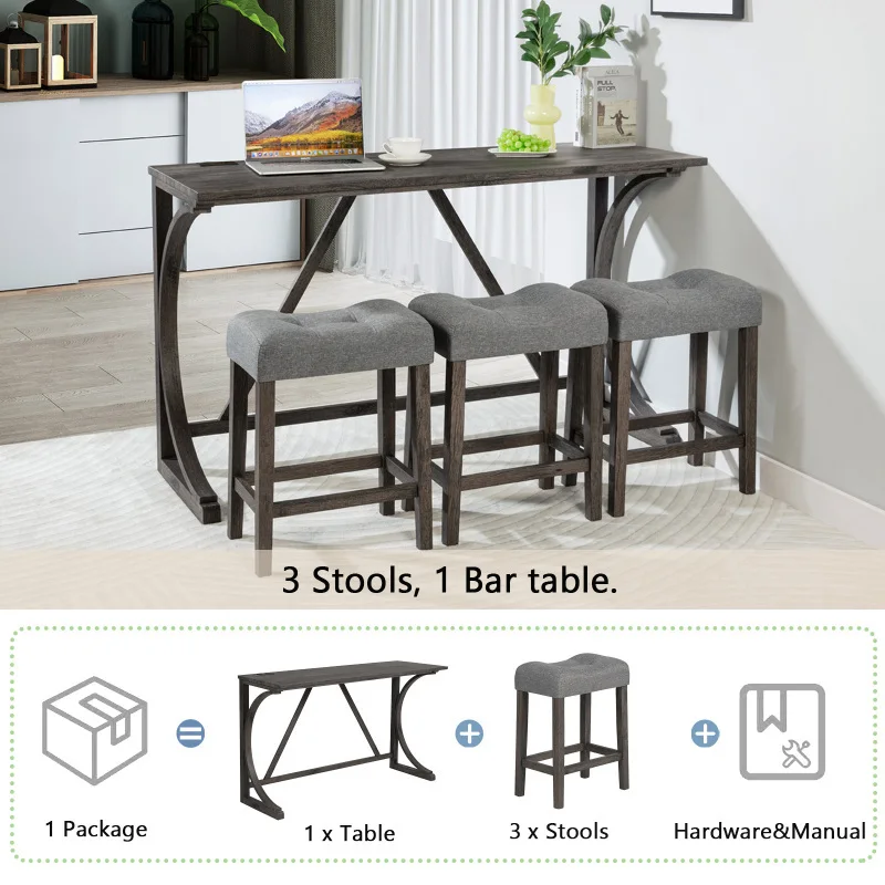 FENGSHUO 4-pieces Bar Table Set With Power Outlet Dining Bar Table And Chairs Set Bar Table Set With 3 Padded Stools Dark Gray