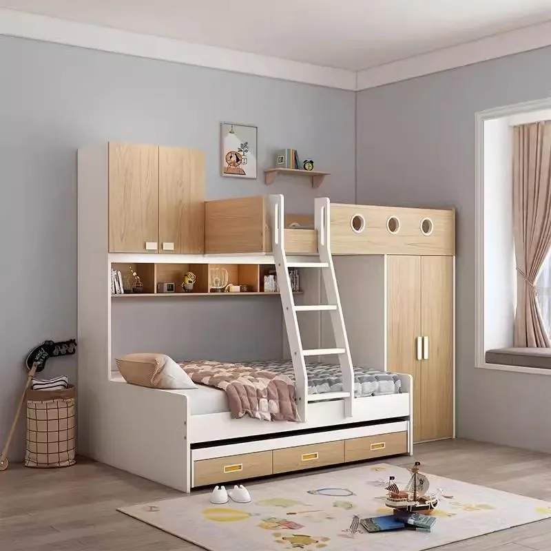 for Children Staggered Bunk Beds Parallel Dislocation Upper and Lower Beds Double Layer High Low Bed with Wardrobe and Desk