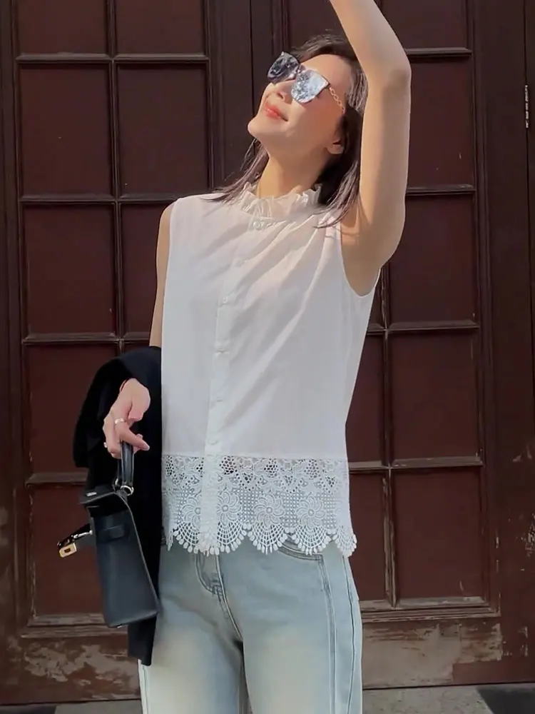 Reine Farbe Spitze Patchwork Einzigen Taste Sommer irt Slim Fit Svel Weste Koreanische Sle Pendeln Wind Gerade Rohr irt