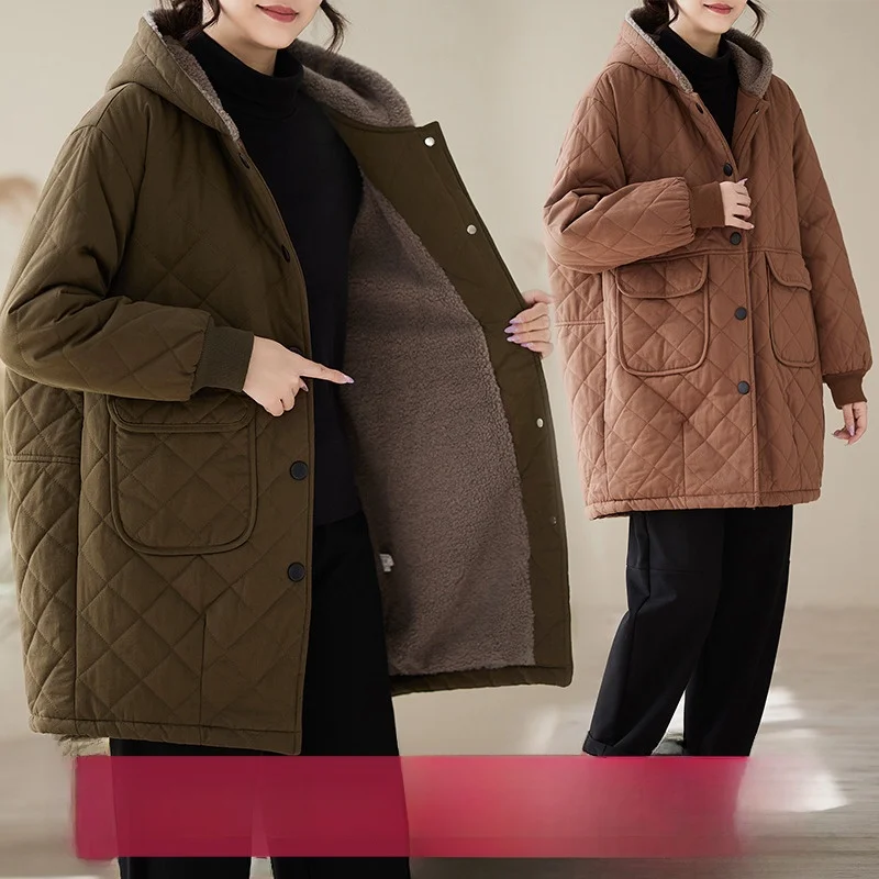 

Thiened Cotton Jaet Women's Hooded Quilted Warm Lamb Velvet Mid-Length Coat Single Button Winter Faion Retro Sle