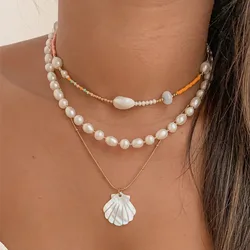 Boho Multilayer Irregular Artificial Pearls Gold-plate Chain Shell Pendant Necklace For Women Vintage Fashion Sand Jewelry Gift