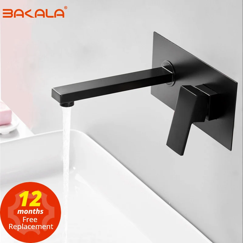 BAKALA Luxury Matte Black Bathroom Faucet Basin Sink Tap Wall Mounted Square Brass Mixer Tap LT-320BR