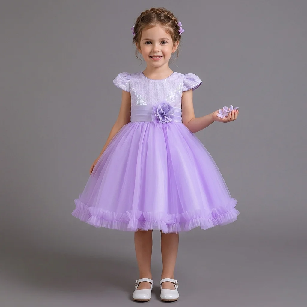 

Girls Sequin Princess Dress, Flower Embellished Tulle Ball Gown, Puffy Pageant Dress for Fashion Show & Piano Performance