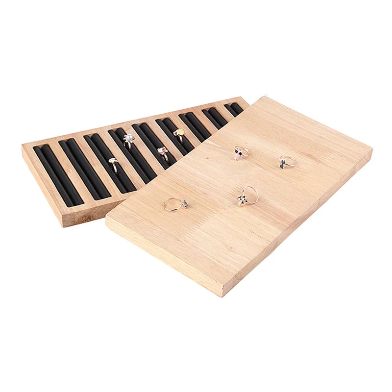 Wood 9 Rows PU Leather Rings Storage Tray Jewelry Display Stand Organizer Ring Tray for Drawer