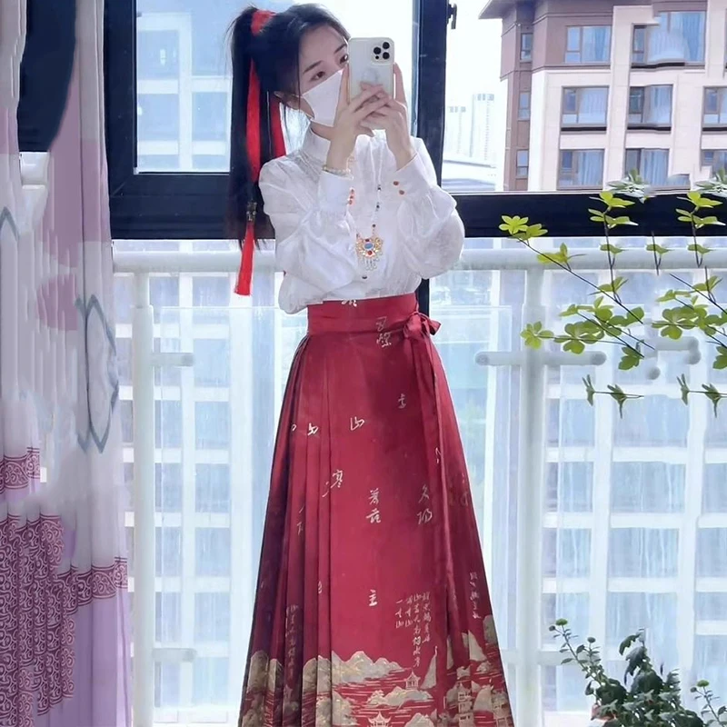 Hanfu Retro mejorado para mujer, traje de estilo chino, falda de caballo, vestido de tostado, conjuntos femeninos de dos piezas, otoño 2024