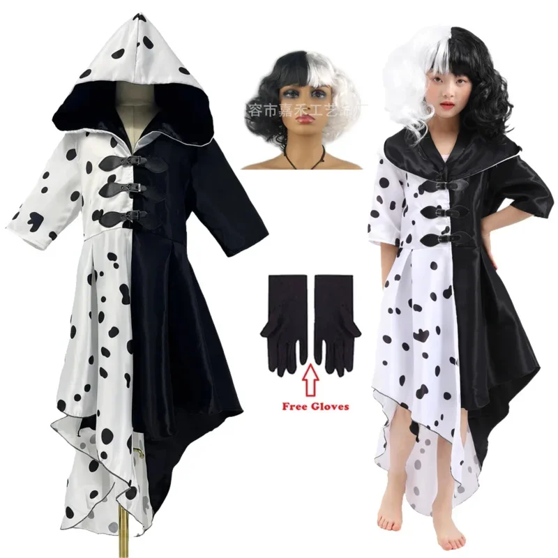 2025 New Evil Madame Cruella De Vil Cosplay Halloween Costume for Kids Woman Half Black Half White Wig Girls Princess Summer  AA