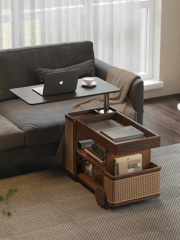 Solid wood lifting coffee table can be moved by trolley,and a few black walnut household rotating living room sofa side cabinets