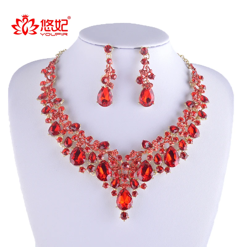 

Delicate Alloy Women Wedding Necklace Set Beauty Party Earrings Dress Gift Jewelry Accessories Choke Waterdrop Red Color Crystal