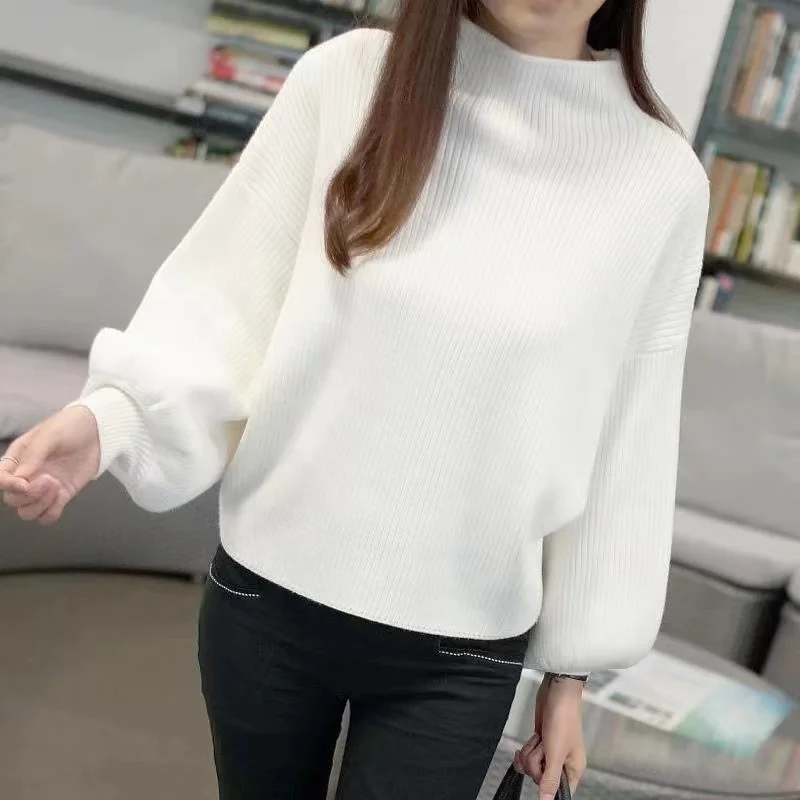 

Retro Solid Color Half High Collar Lantern Sleeve Women's Autumn Winter Knitted Sweater Casual Loose Elegant Pullover Tops New