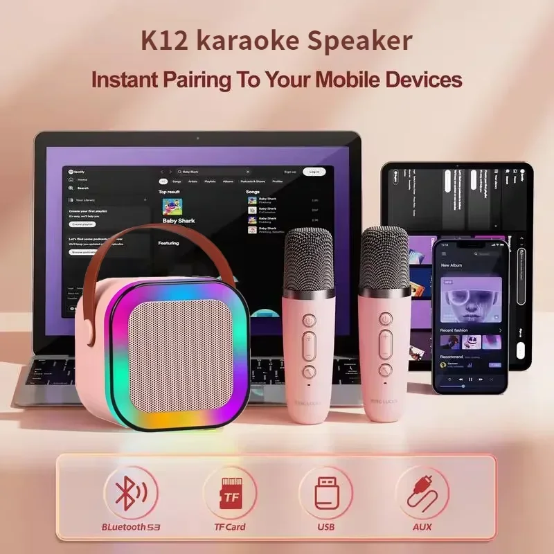 

K12 Wireless Karaoke Machine portable Mini Microphones Bluetooth5.3 Speaker for Child RGB Light Audio Home KTV Kids Xmas Gifts