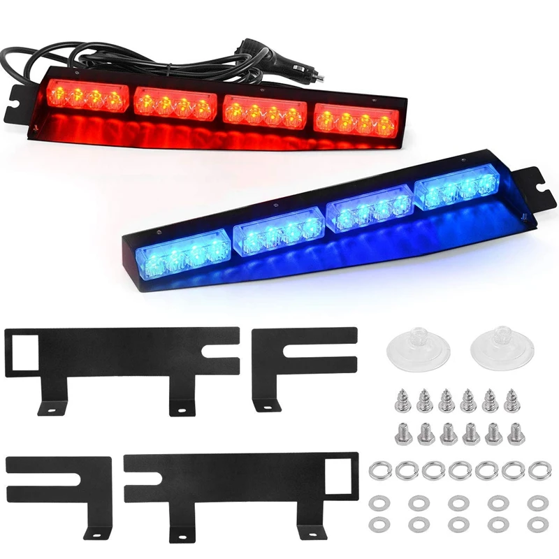 

(Blue & Red) 32LED Visor Lights 15 Flash Patterns Emergency Strobe Lights Windshield Split Mount Light Bar Law Enforcement Hazar