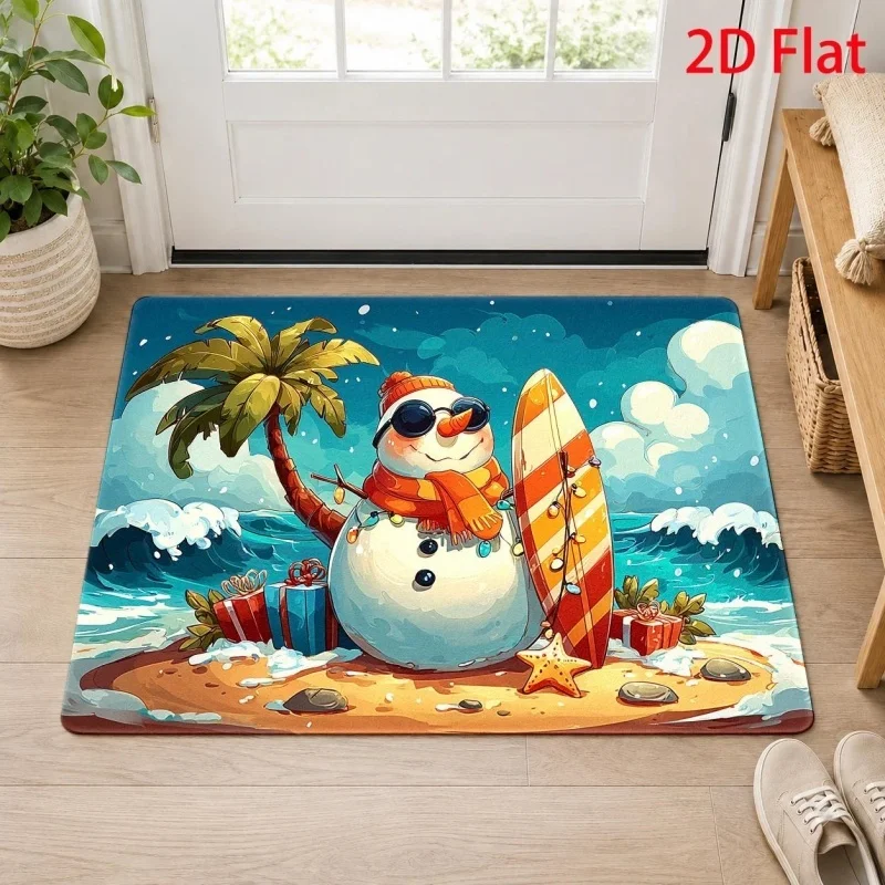 Surfing Snowman Beach Christmas Doormat, Palm Tree Ocean Printed Floor Mat, Novelty Holiday Home Rug