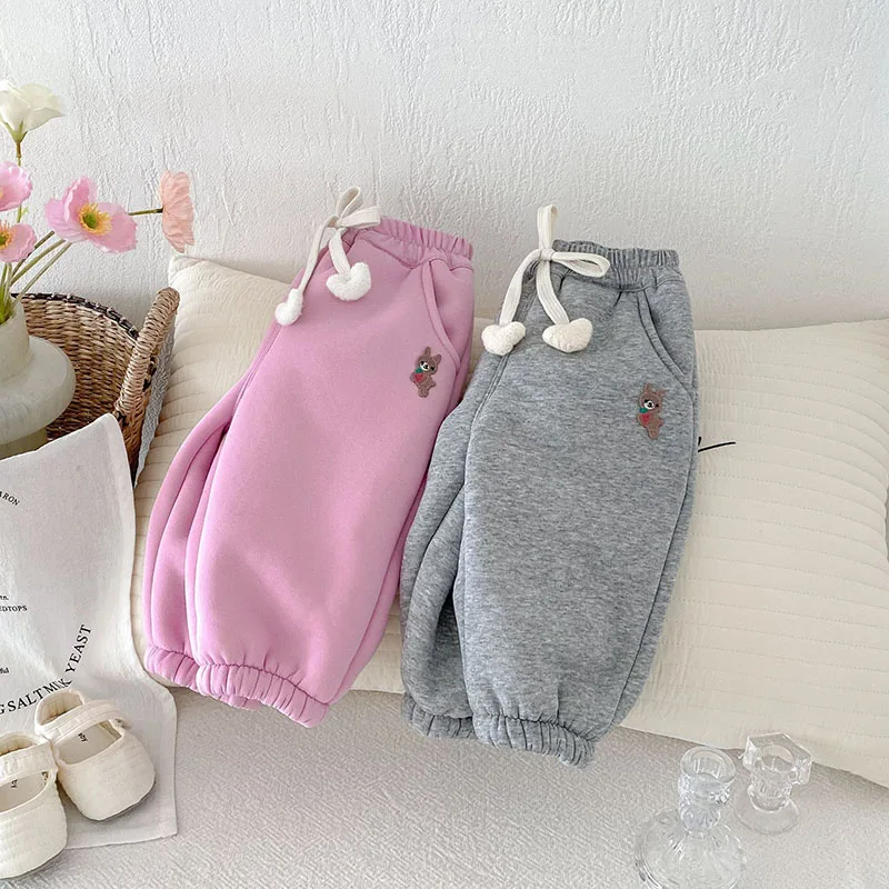 MILANCEL New Winter Kids Casual Pants 0-5T Girls Cute Solid Color Bunny Fleece Padded Trousers Children Warm Sweatpants