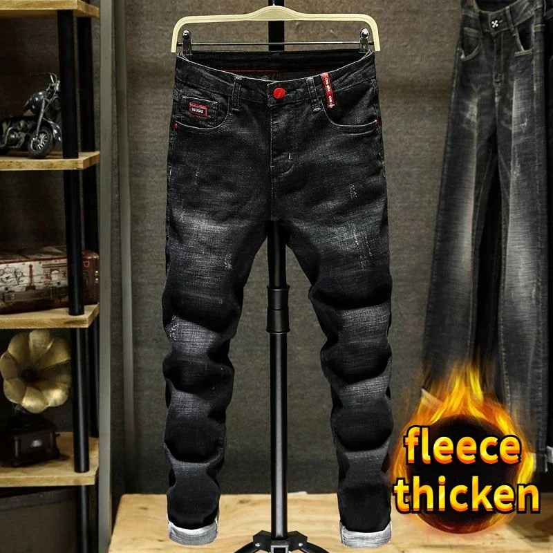 Calças de inverno escovado denim tecido estilo coreano roupas de rua de luxo botas corte estiramento fino lã pelúcia engrossar calças jeans