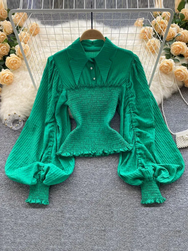 Women Fashion Folds Retro Lantern Sleeves Waist Design Short Slim-Fit Western Style All-Match Blouse Tops Female D0592