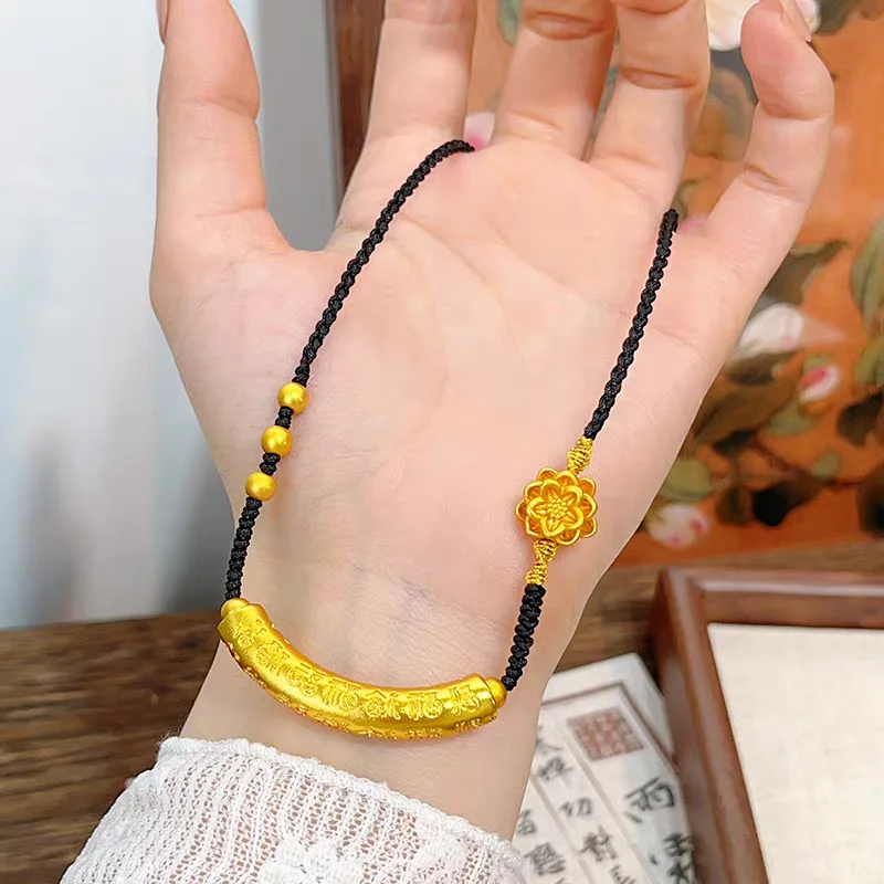 Modern Zen Gold Plated Hundred Blessings Curved Tube Pendant Lotus Cord Adjustable Lucky Lariat Necklace Gift for Girlfriend