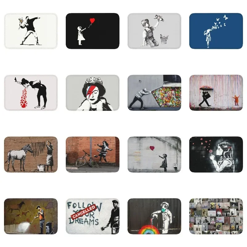 Banksy Rage Flower Bomber Doormat Anti-Slip Kitchen Bath Mat Garden Floor Door Entrance Carpet Rug Toilet Living Room Footpad