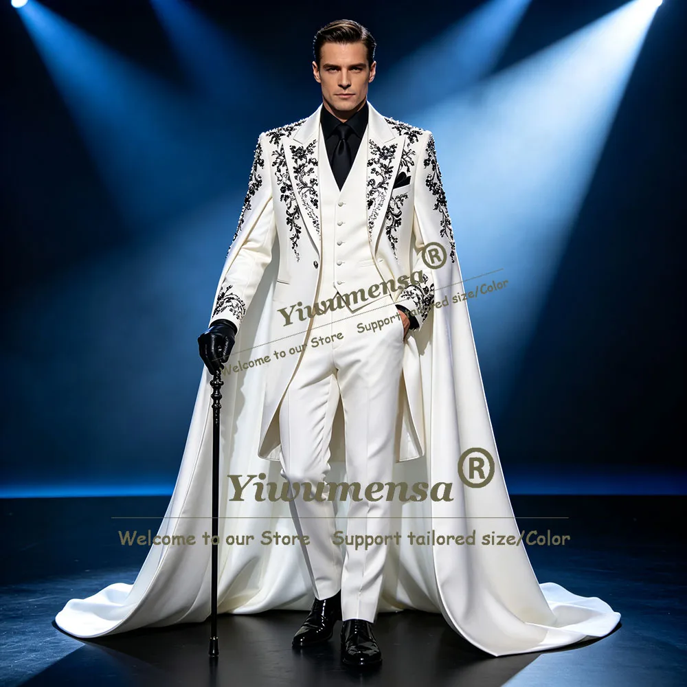 Handsome Groom Wedding Tuxedo Suit WIth Long Cape Customized Sparkly Crystals Beaded Prom Blazer Red Carpet Dinner Party Clothes