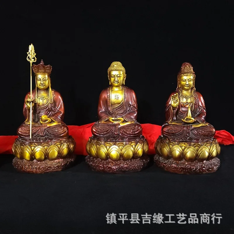 Colorful Bronze Sawa Three Saints Shakyamuni Buddha, Guanyin, and Ksitigarbha Sitting Statues - Four-Piece Set for Buddhist Hall