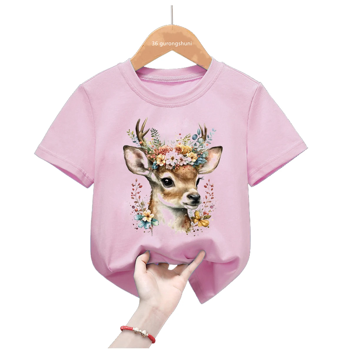 

Cute Deer Animal Print Pink T Shirt Girls Kawaii Caw Flowers Tshirt Kids Clothing Summer Fashion Tops Tee Shirt Harajuku Shirt