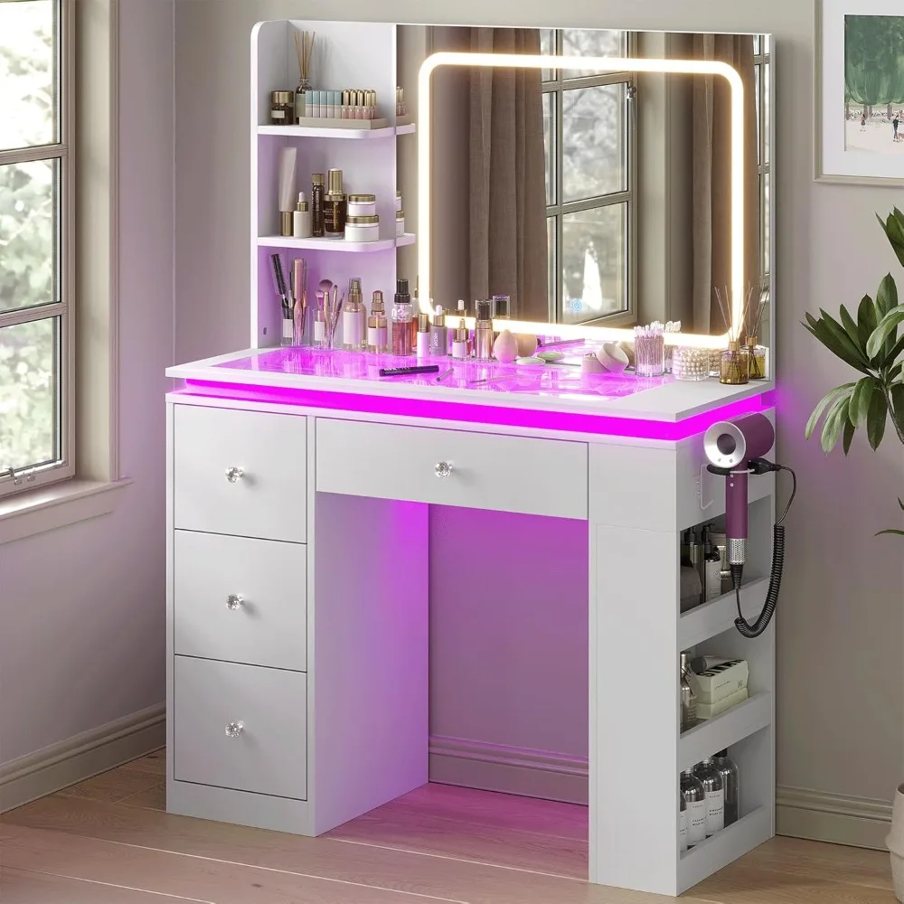 

White Vanity Desk with Illuminated Mirror, Bedroom Dresser LED Mirror Stepless Dimmable & 3 Color Modes Adjustable RGB Drawers