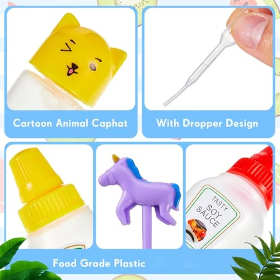 26 Pcs Lunch Bento Soy Sauce Case Containers, 5 Mini Condiment Squeeze Bottles with Dropper and 20 Animal Food Picks for Lunch