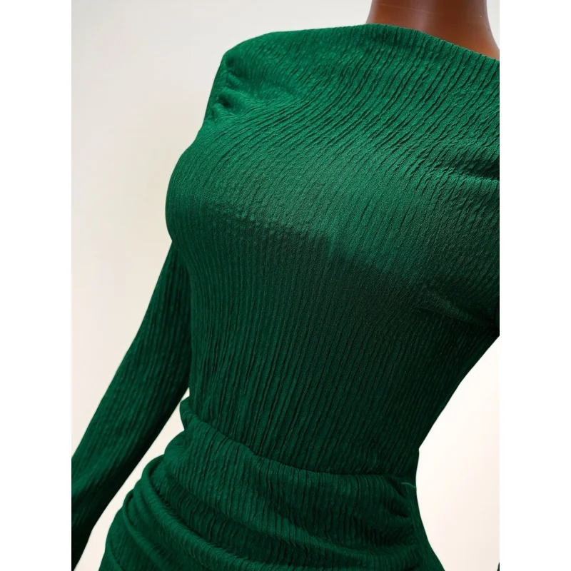 Damen-Midikleid mit schulterfreiem Schnitt, langen Ärmeln, figurbetontem Schnitt, strukturierter Strickoptik, geraffter Taille, seitlichem Kordelzug, schmaler Passform, für Partys und Abendveranstaltungen, Dropshipping – Detail 8