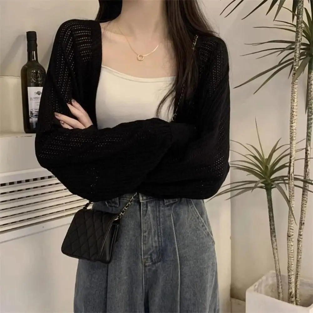 Sunscreen Crop Knit Cardigan Solid Color Thin Cardigan Coat Woman Simple Long Sleeve Smock Top Air-Conditioning Shirt