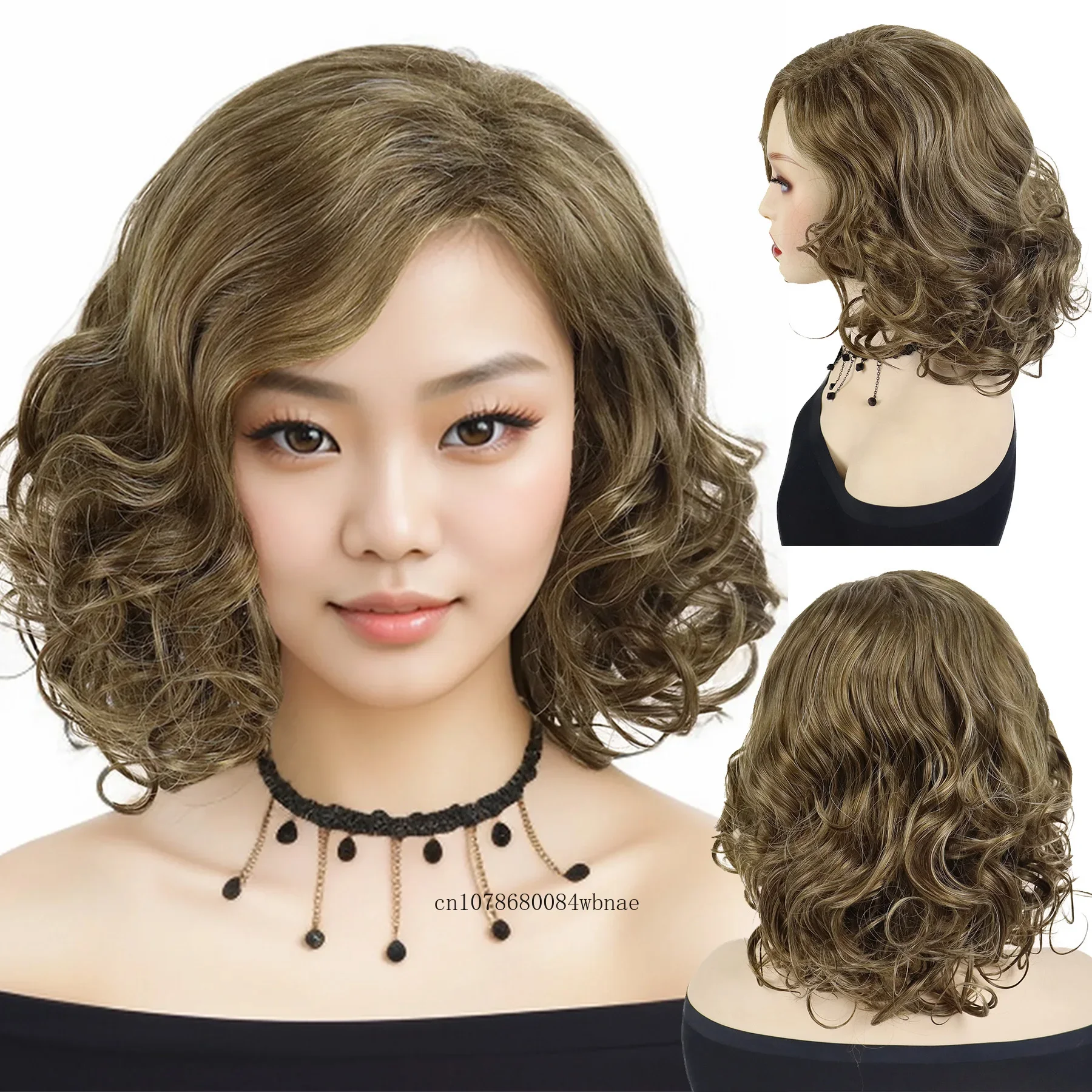 Short Brown Synthetic Hair Natural Big Curly Wig for Women Mommy Wigs with Side Bangs Heat Resistant Daily Costume Party Use