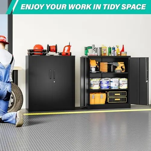 Metal Storage Cabinet Locked Steel Cabinet with 2 Adjustable Shelves,Office Cabinet Locking Tool Cabinets,Kitchen