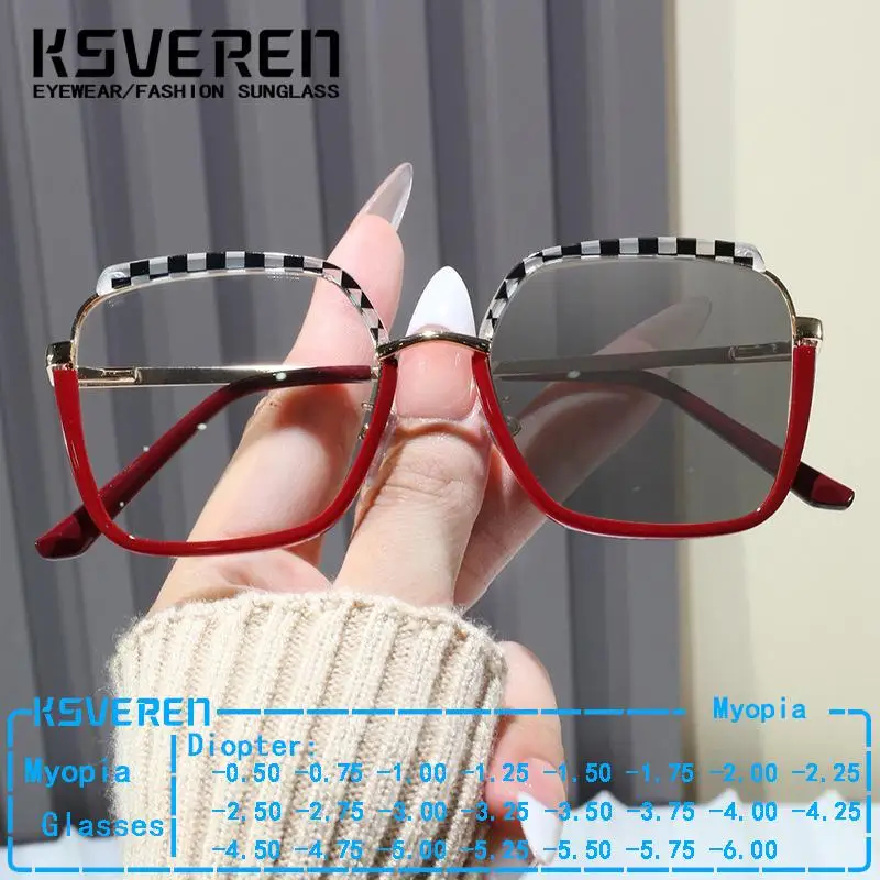 Designer Women Square Photochromic Nearsighted Glasses Large Frames Finished Myopia Prescription Eyeglasses Negative Diopter