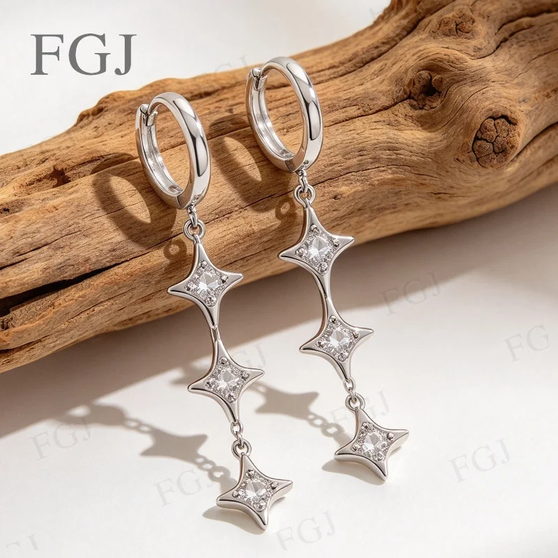 925 Sterling Silber Ohrringe mit drei vertikalen Sternen, D VVS1, Sternform, Moissanit, hängende Ohrringe, edler Alltagsschmuck für Damen – Detail 9