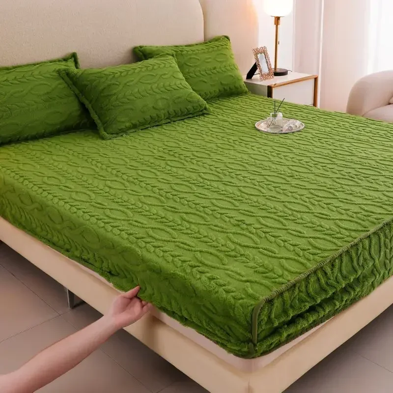Soft warm coral fleece fitted sheet elastic mattress cover winter plush bed linen 2people luxury double bed king size 150