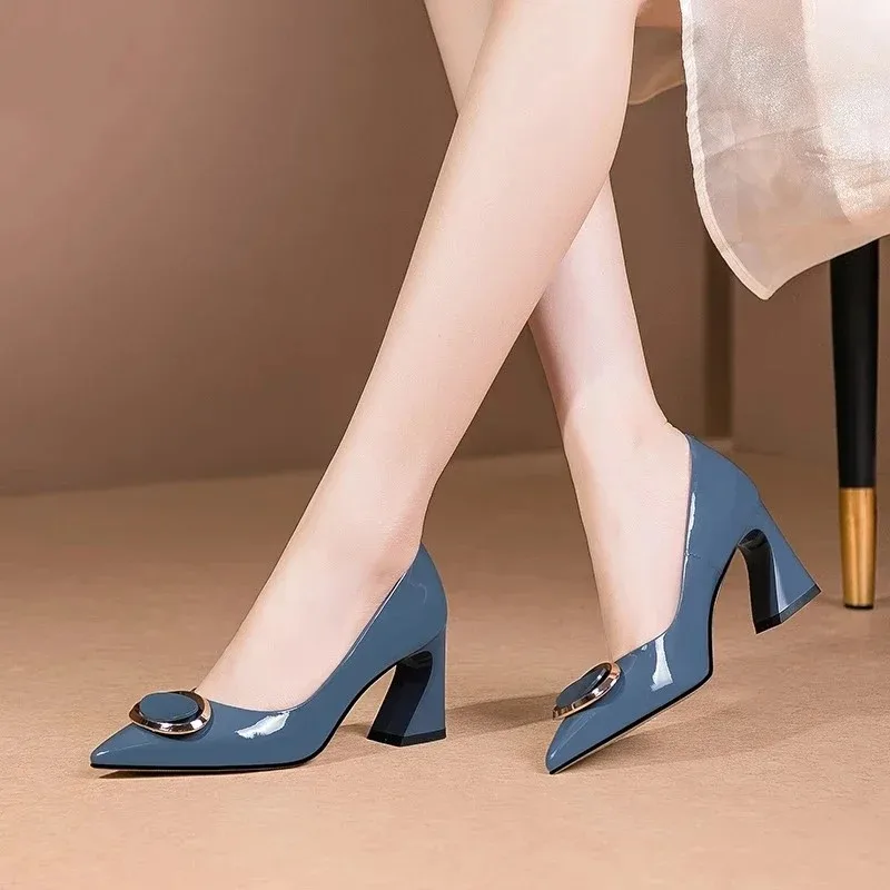 Pointed High Heels Thick with Patent Leather Square Buckle Soft Leather Middle Heel Single Shoes Female Summer Spring New