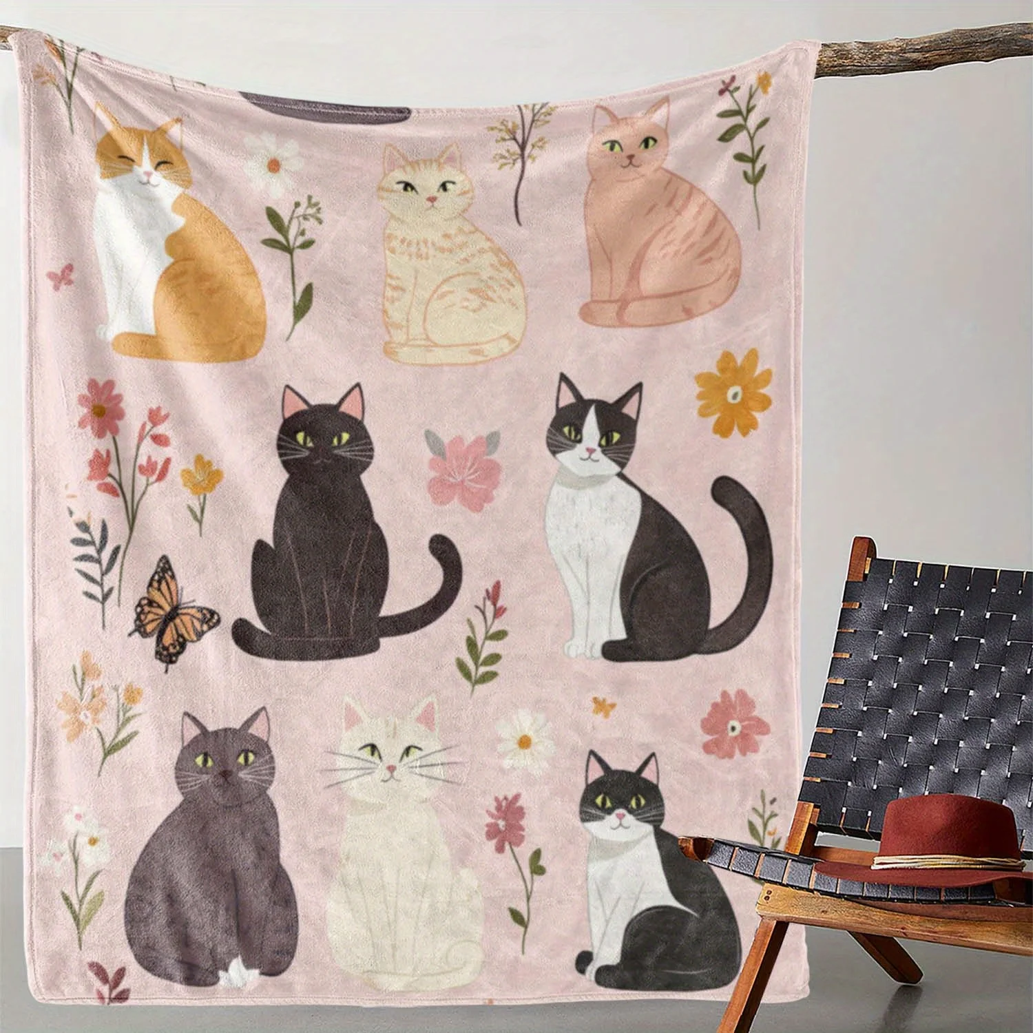 

Cozy Fleece Throw Blanket with Cute Cat & Butterfly Print - Soft, Warm, and Lightweight for Couch, Bed, Office, and Travel - Ver