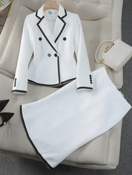 Elegant Women Casual Blazer Skirt Suit Ladies White Black Long Sleeve Female Two Piece Set For Autumn Winter