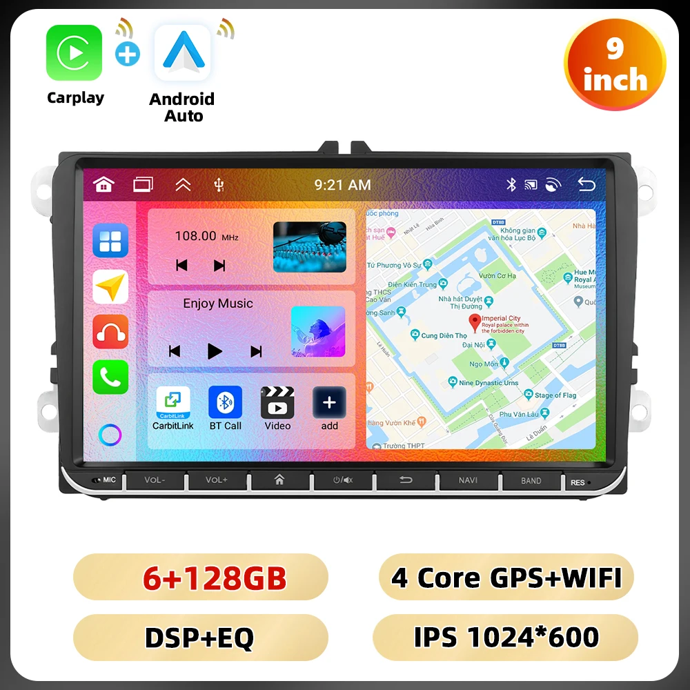 Podofo 9 ''2Din Autoradio Voor VW/MAGOTAN/GOLF/CADDY Multimedia Speler 6 + 128G Carplay Android Auto WIFI GPS FM/RDS BT Auto Audio